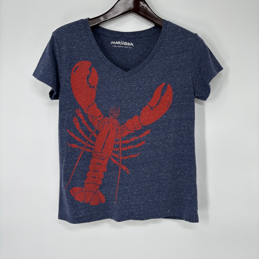 Marushka Womens Lobster Graphic Tee Shirt S Navy Heathered V-Neck Hand Printed